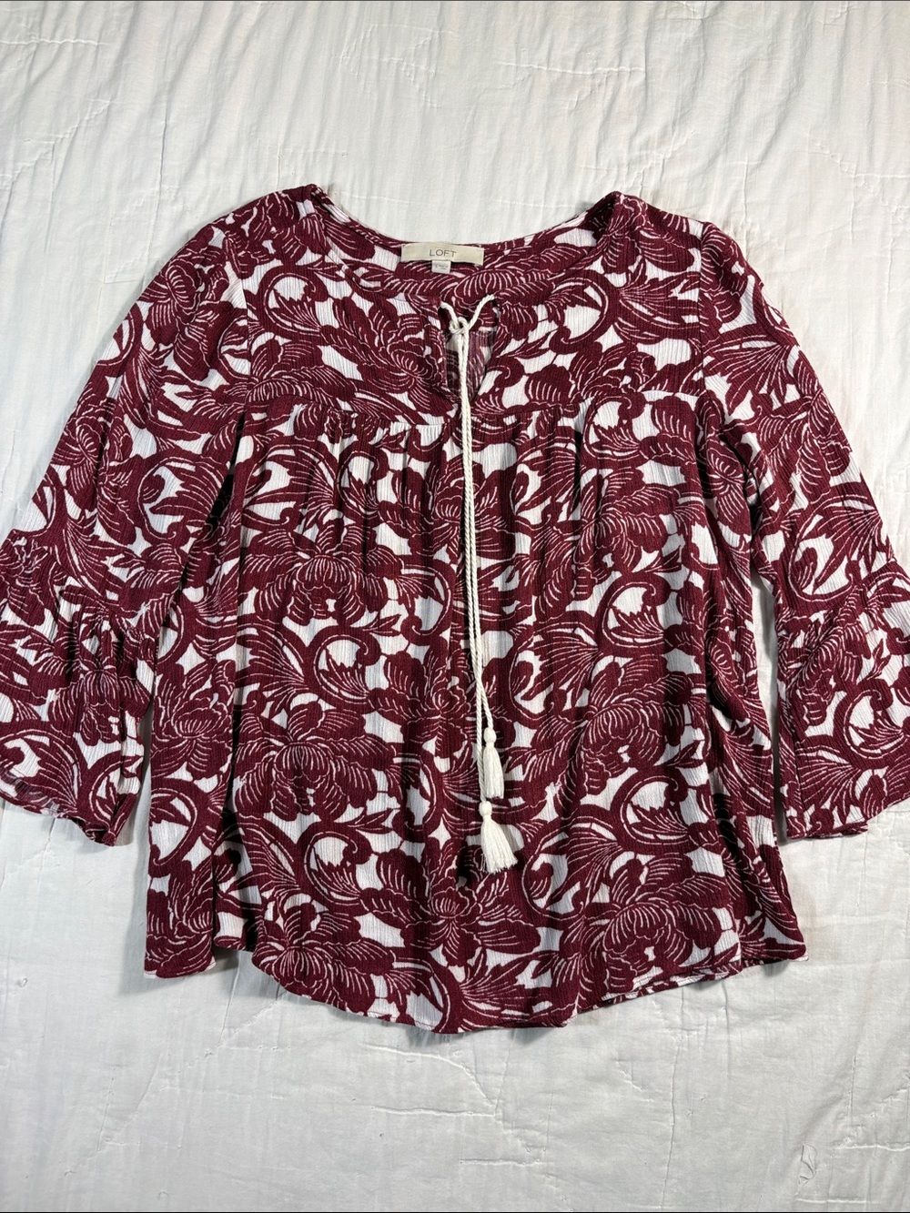 LOFT Maroon White Floral Gauze Tassel Blouse Small Boho Peasant Bell Sleeve Top